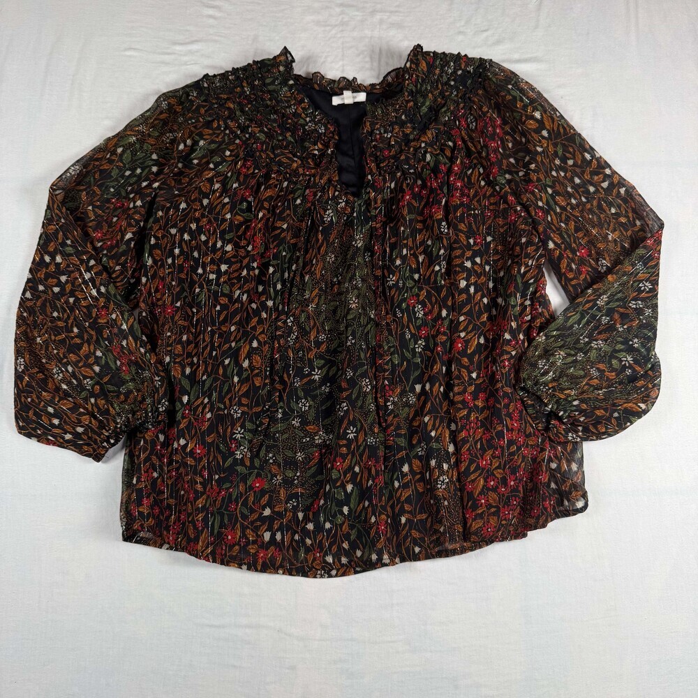 Whimsigoth Dark Cottagecore 1X Peasant Blouse Sheer Metallic Chiffon